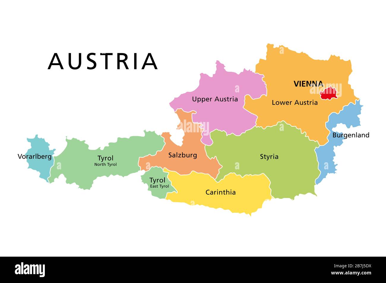Austria, political map, with colored federated states, the capital Vienna and the borders. English labeling. Isolated illustration on white background Stock Photo