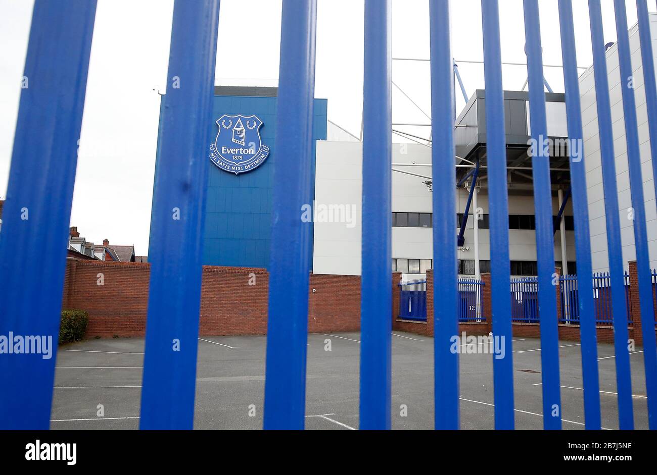 General view from outside Goodison Park, home of Everton Football Club, following Friday's announcement that the Premier League has suspended all matches until Saturday April 4, 2020. Stock Photo