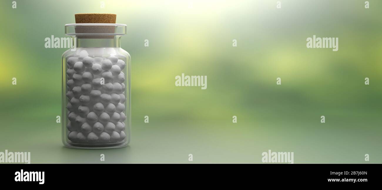 Homeopathy pharmacy, herbal, natural medicine concept. Glass bottle and