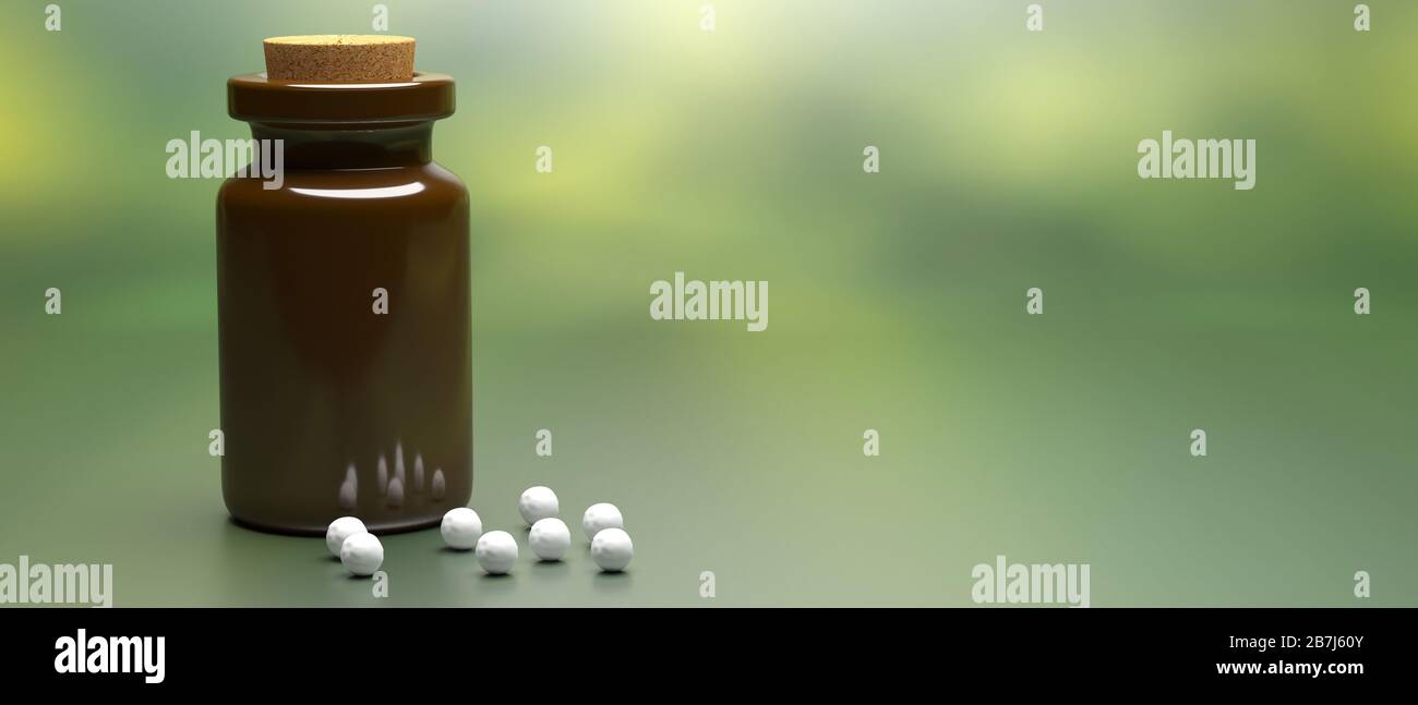 Homeopathy pharmacy, herbal, natural medicine concept. Glass bottle and