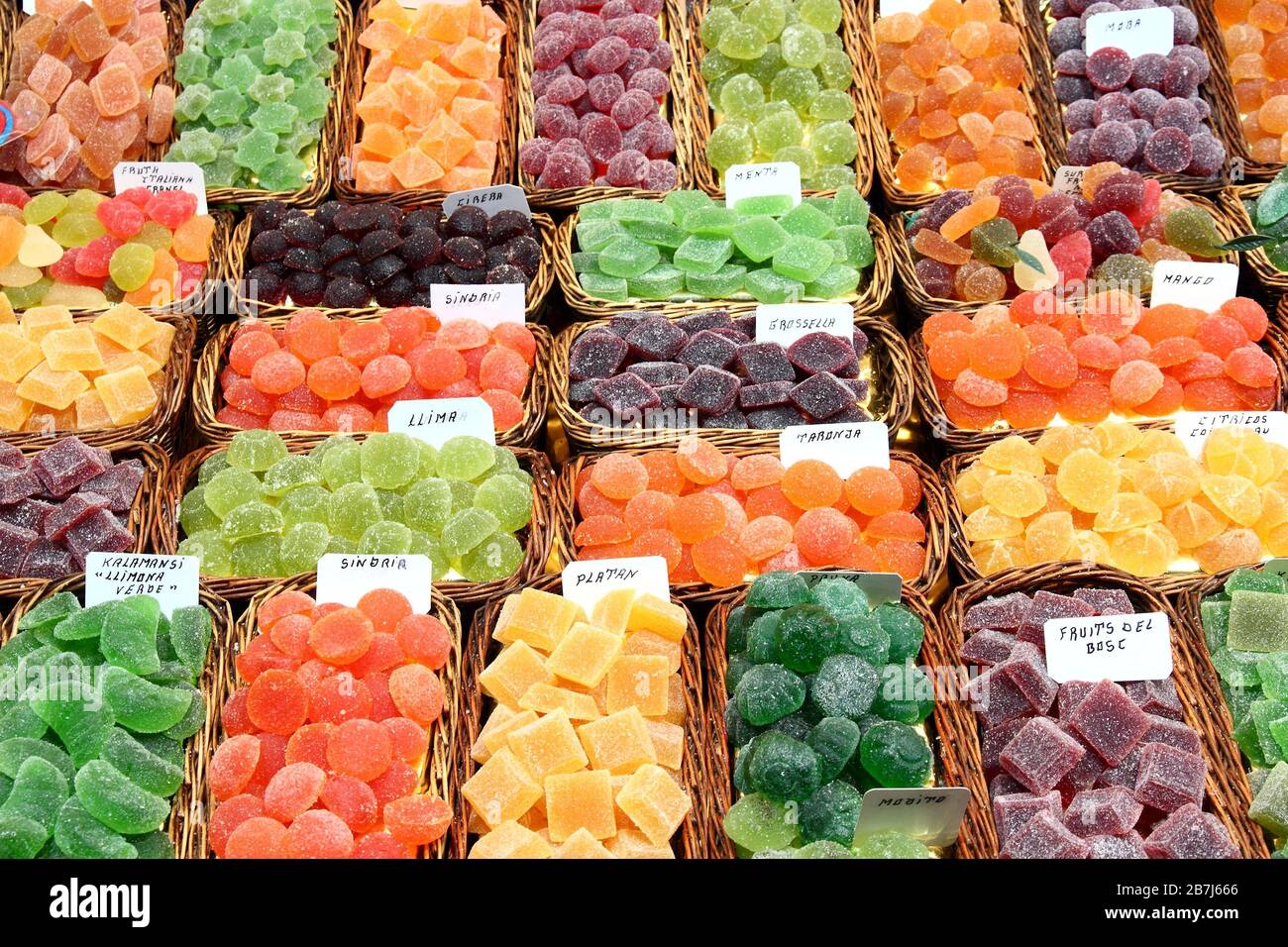 Candy assortment at Boqueria market in Barcelona, Spain. Sweets shop. Stock Photo