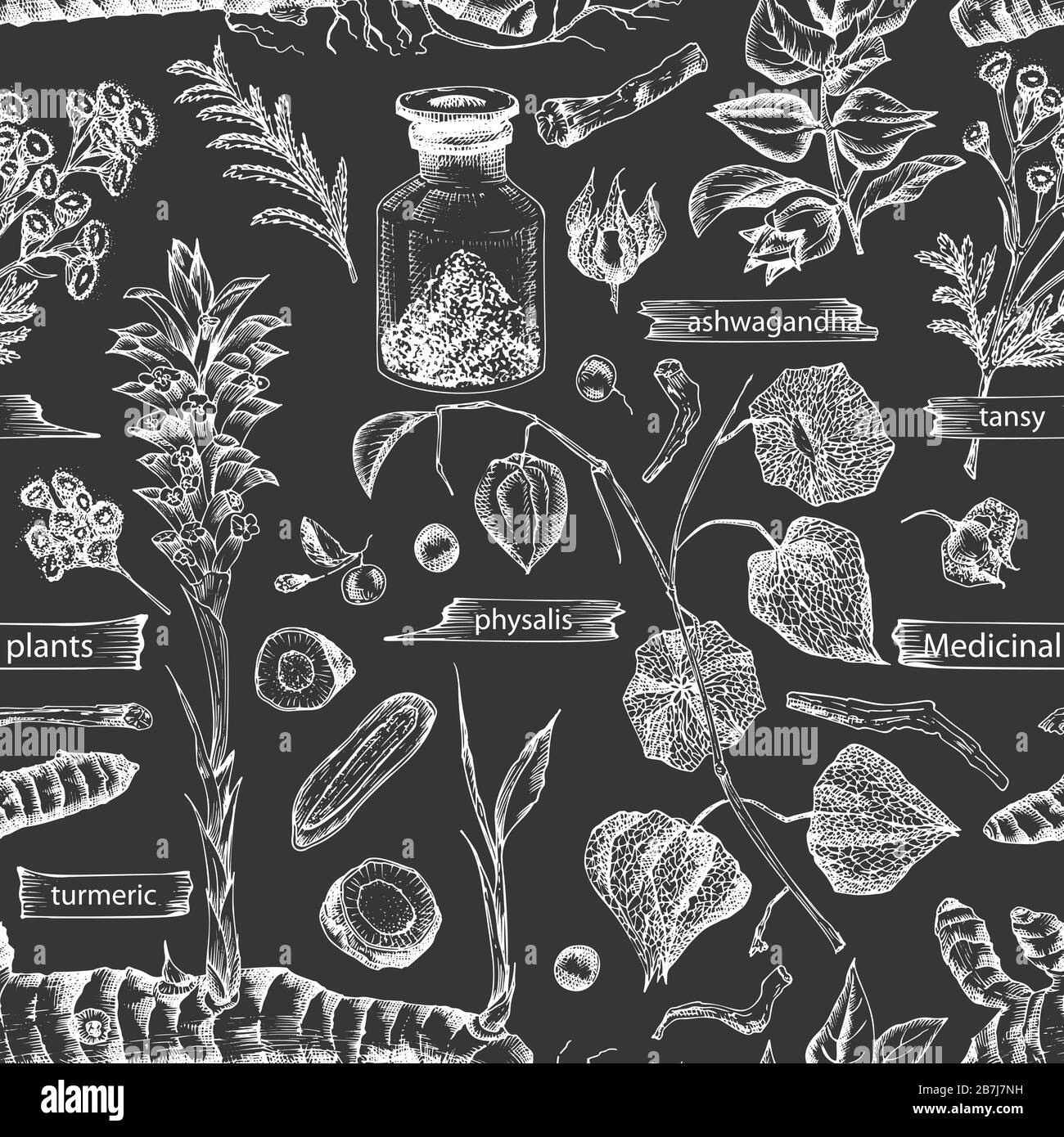 Seamless pattern with vintage hand drawn sketch medicine herbs elements isolated on black chalk board background. wormwood, turmeric, tansy Stock Vector