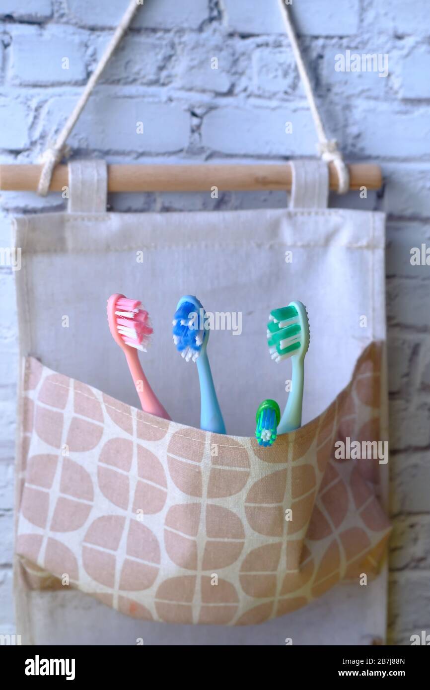 Many colored toothbrushes, how to chose toothbrush concept  Stock Photo