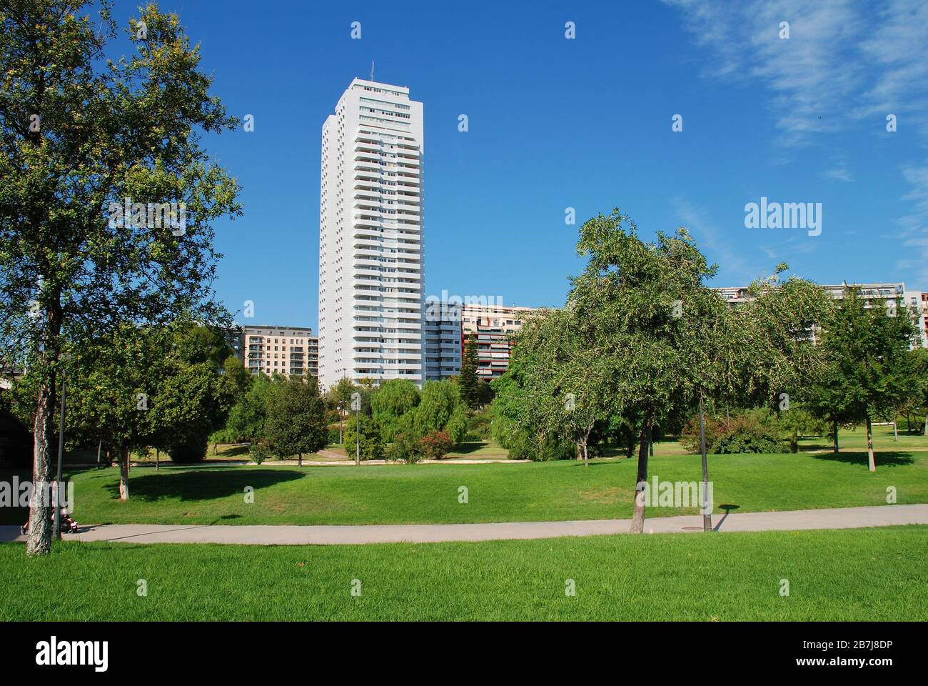 Paths at the coastal end of the Turia river park in Valencia, Spain on September 5, 2019. Stock Photo