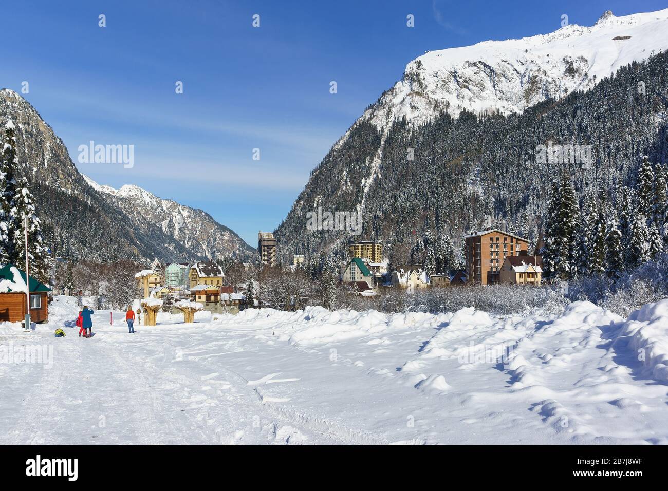 Dombay village in the Amanauz river valley of the Karachay-Cherkess Republic. Winter snow day Stock Photo