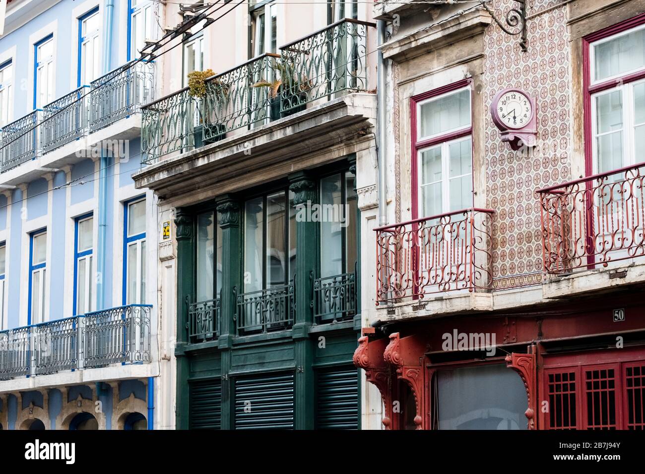 Building facades with traditional Portuguese tiles, Lisbon Stock Photo
