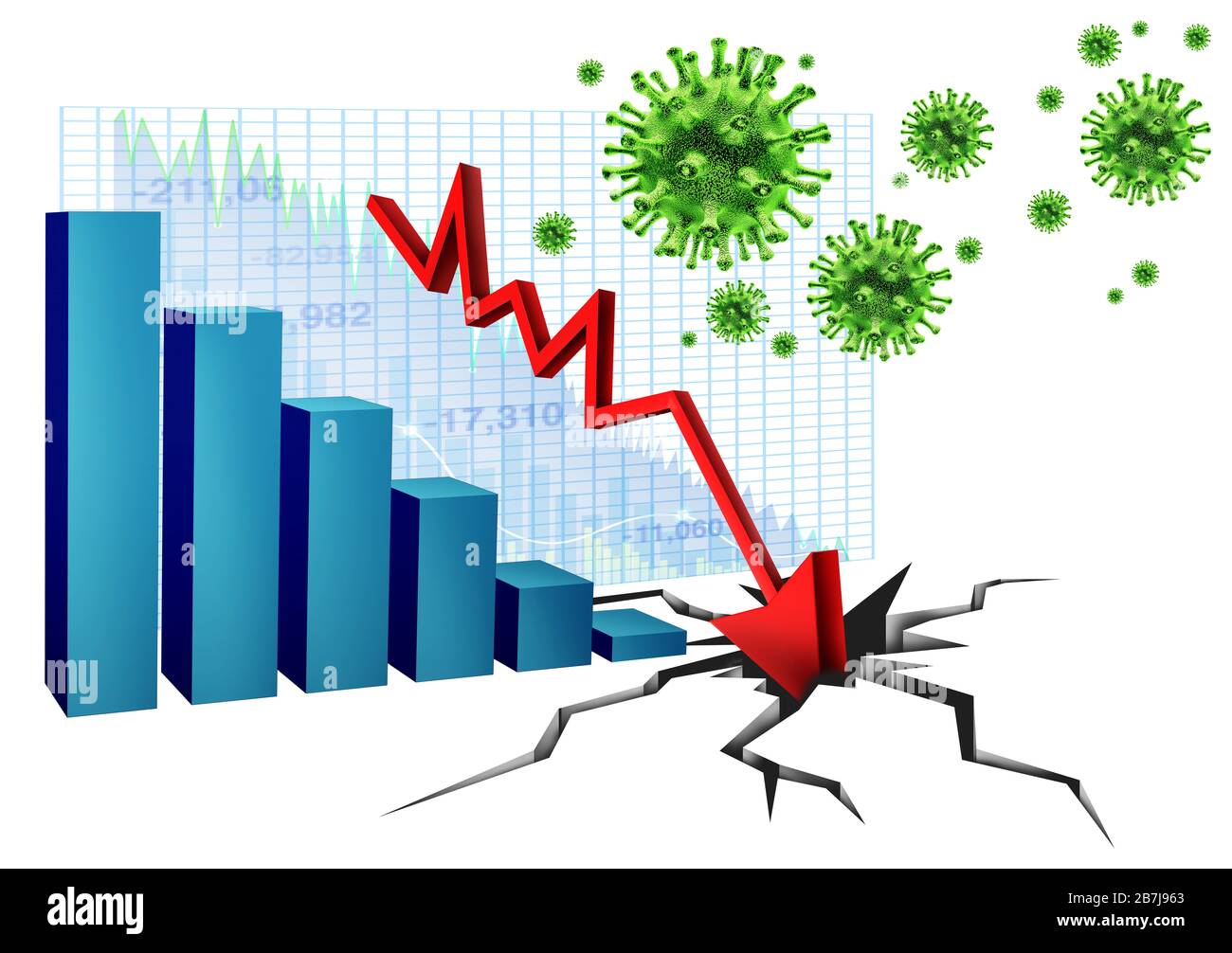 Economy and health care as an economic pandemic fear and coronavirus fears or virus Outbreak and Stock market selling as a stock financial recession. Stock Photo