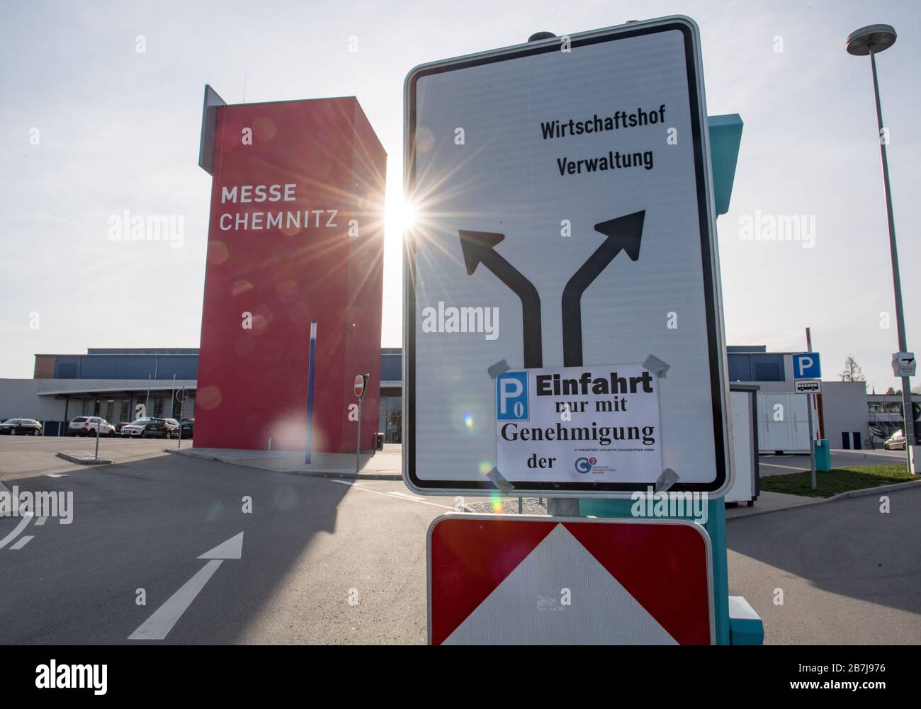 Chemnitz Germany 16th Mar 2020 View Of The Chemnitz Exhibition Centre With A Sign Indicating A Car Park Requiring Authorisation On Tuesday 17 03 2020 A Corona Ambulance Will Open At The Trade Fair