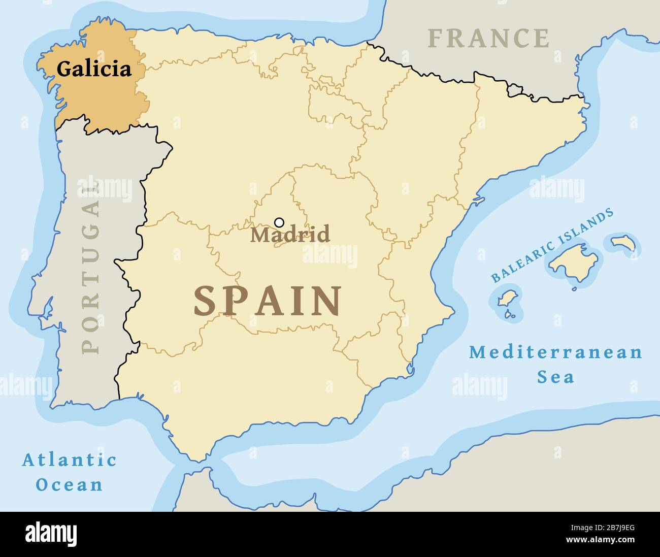 Galicia autonomous community location map within Spain. Vector illustration. Stock Vector