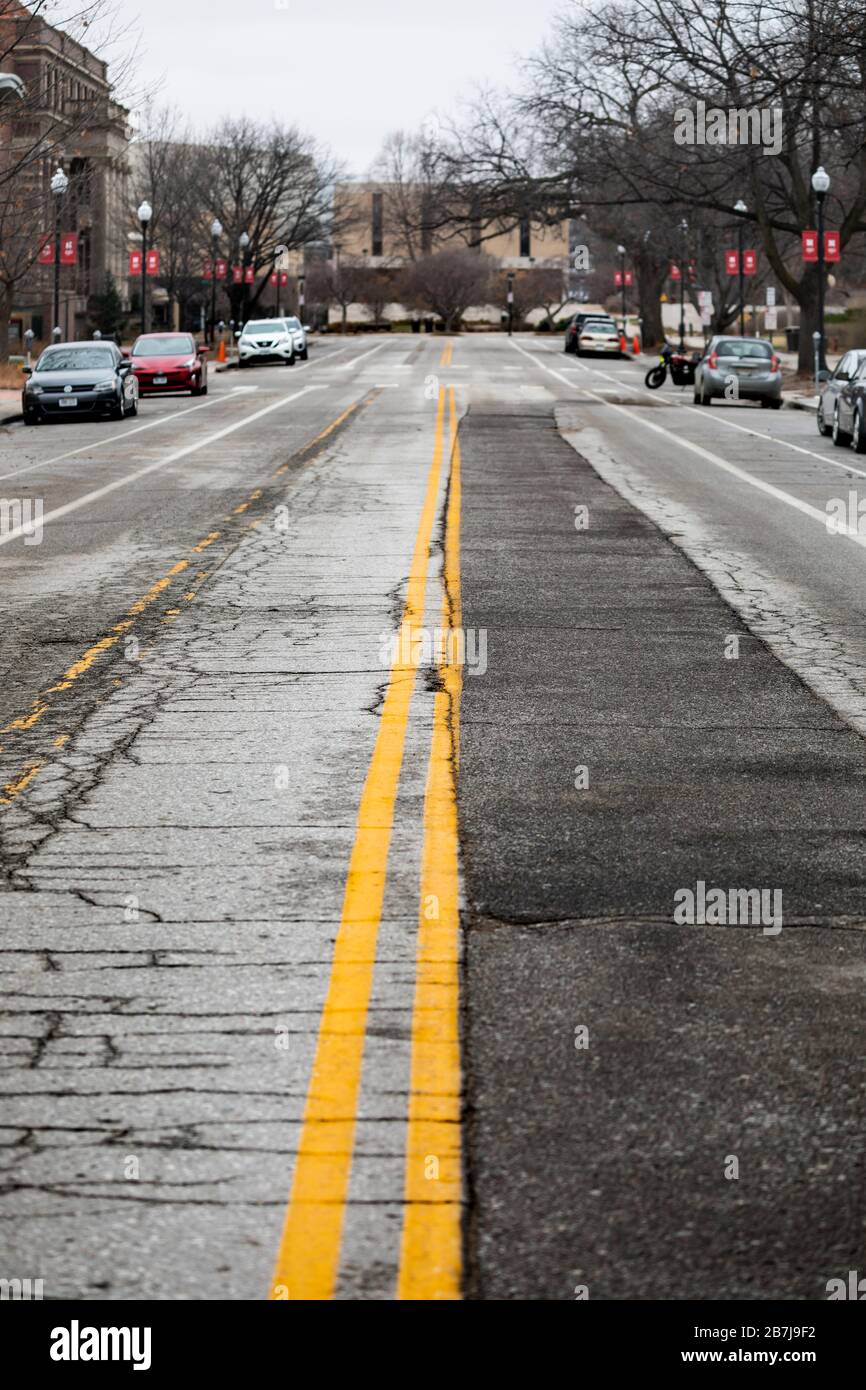 An empty street in downtown Lincoln, Nebraska during the coronavirus outbreak. Stock Photo