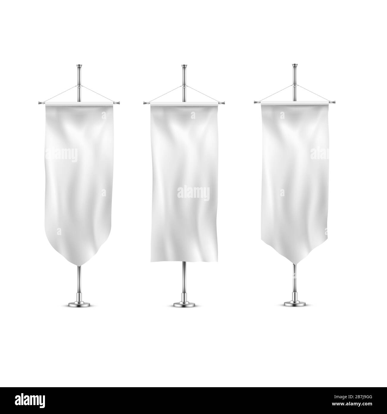 Vertical banners hanging on a metal flagpole white flags template. Stock Vector