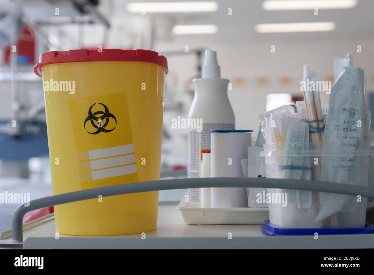 Bio medical waste box on hospital bed table in intensive care unit
