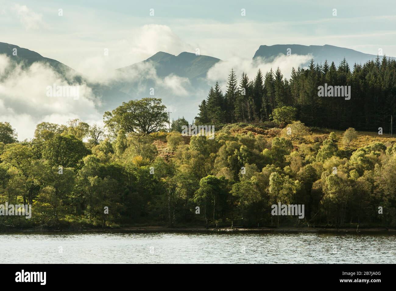 The North Face of Ben Nevis, Britain's Highest Mountain, seen across Loch Lochy, with Caledonian Forest, in autumn, Gairlochy, Scotland, UK Stock Photo