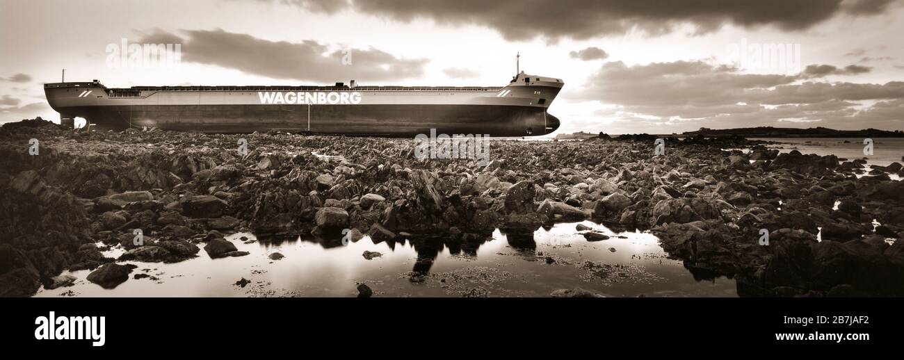 Channel Islands. Guernsey. Lihou island. Beached oil tanker