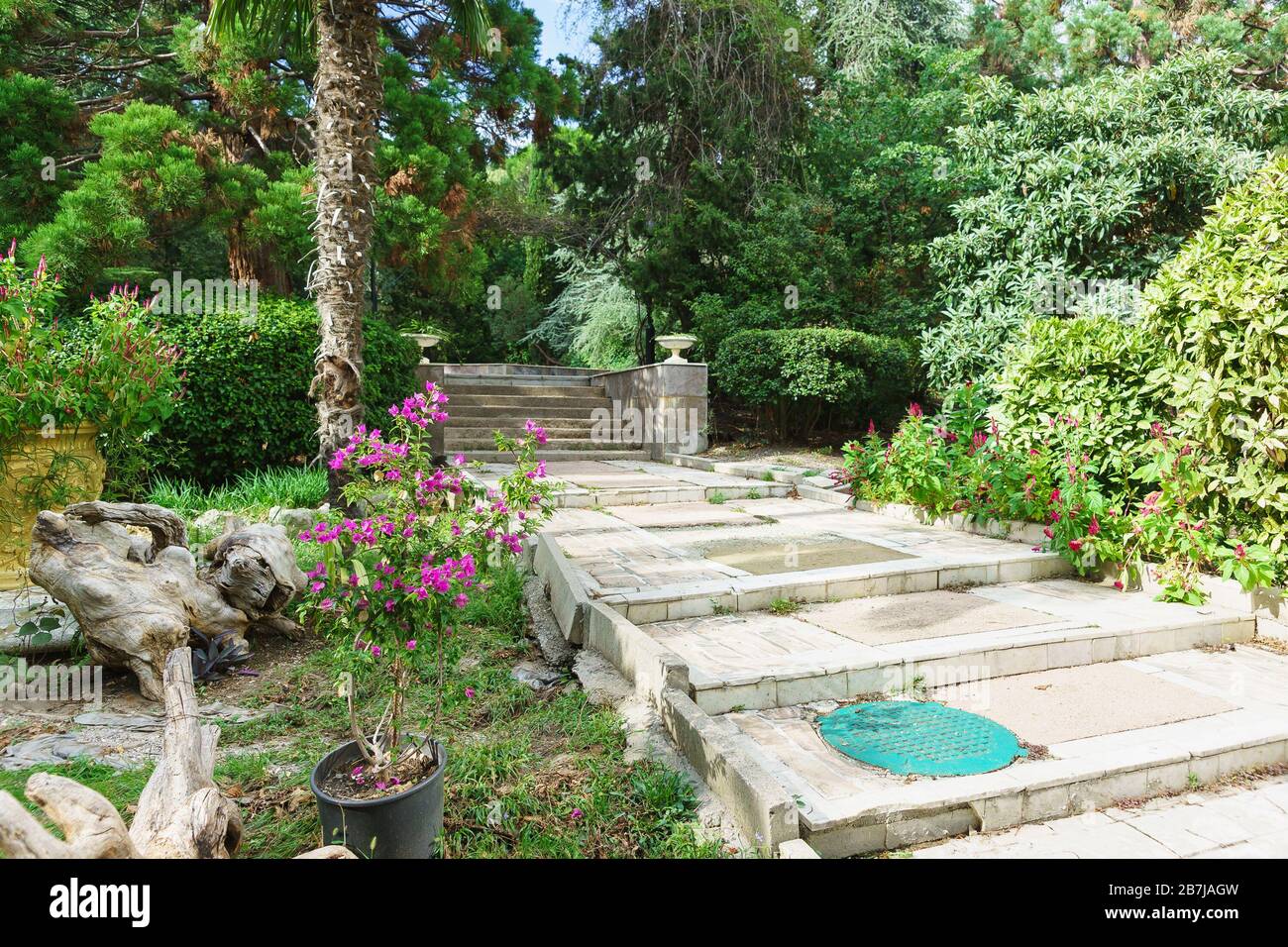 An old ruined walkway with steps in the shady city Park of Haraks on a summer day. Crimea, Yalta, Gaspra Stock Photo