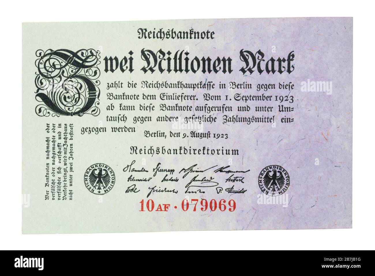 German Hyperinflation Banknote from 1923: 2 million Mark banknote from German hyperinflation in 1923 Stock Photo