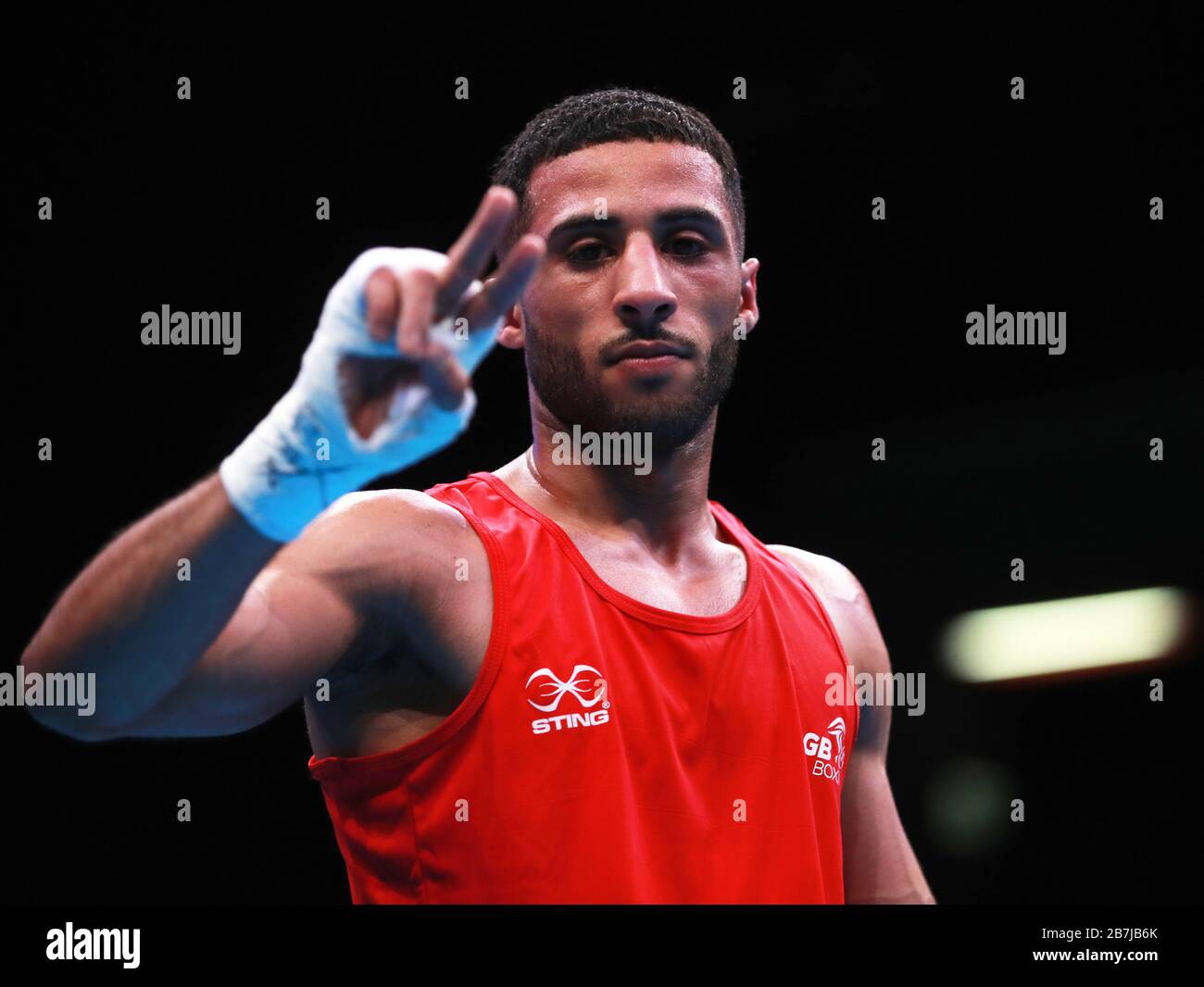Great Britain's Galal Yafai celebrates his win to qualify for the Tokyo Olympics during day three of the Boxing Road to Tokyo 2020 Olympic qualifying event at the Copper Box Arena, London. Stock Photo