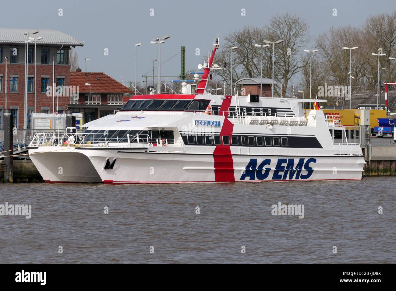 The passenger ferry Nordlicht will be in the port of Emden on February 29, 2020. Stock Photo