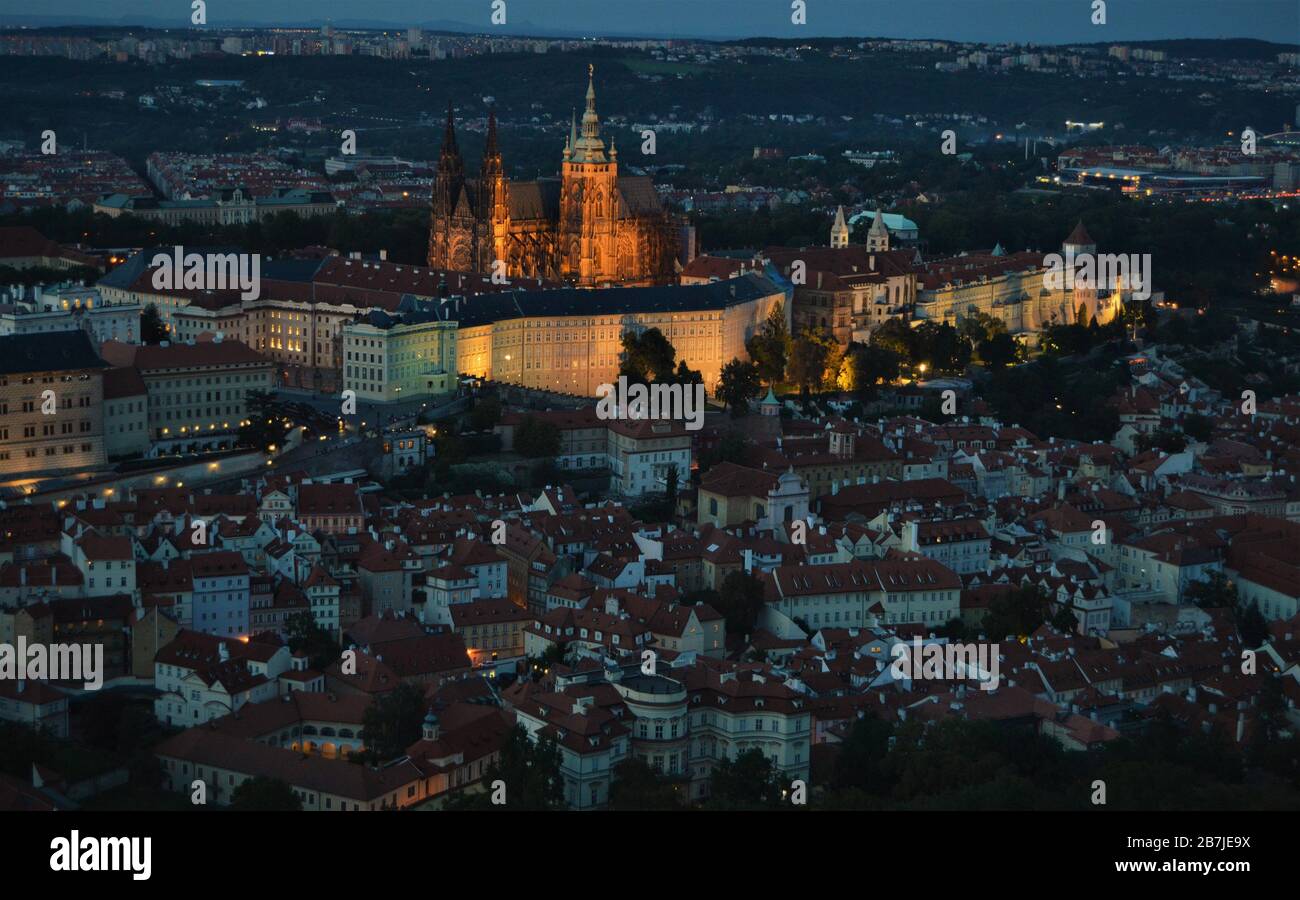 Prague Castle, Saint Vitus Cathedral and Lesser Town (Malá Strana) seen from Petrin Tower at night, in Prague Stock Photo