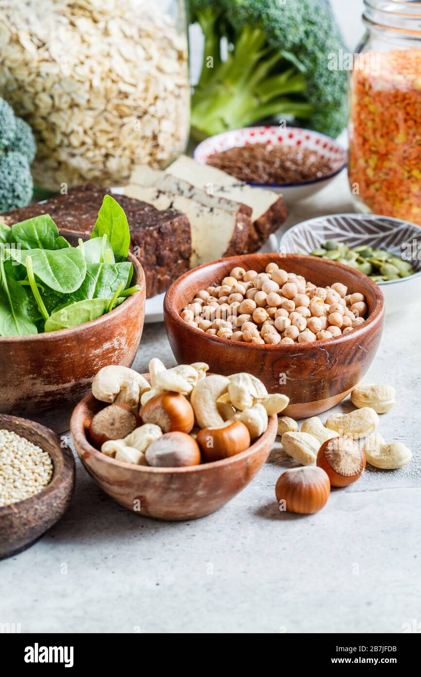 Vegan sources of protein background. Tofu, chickpeas, lentils, nuts