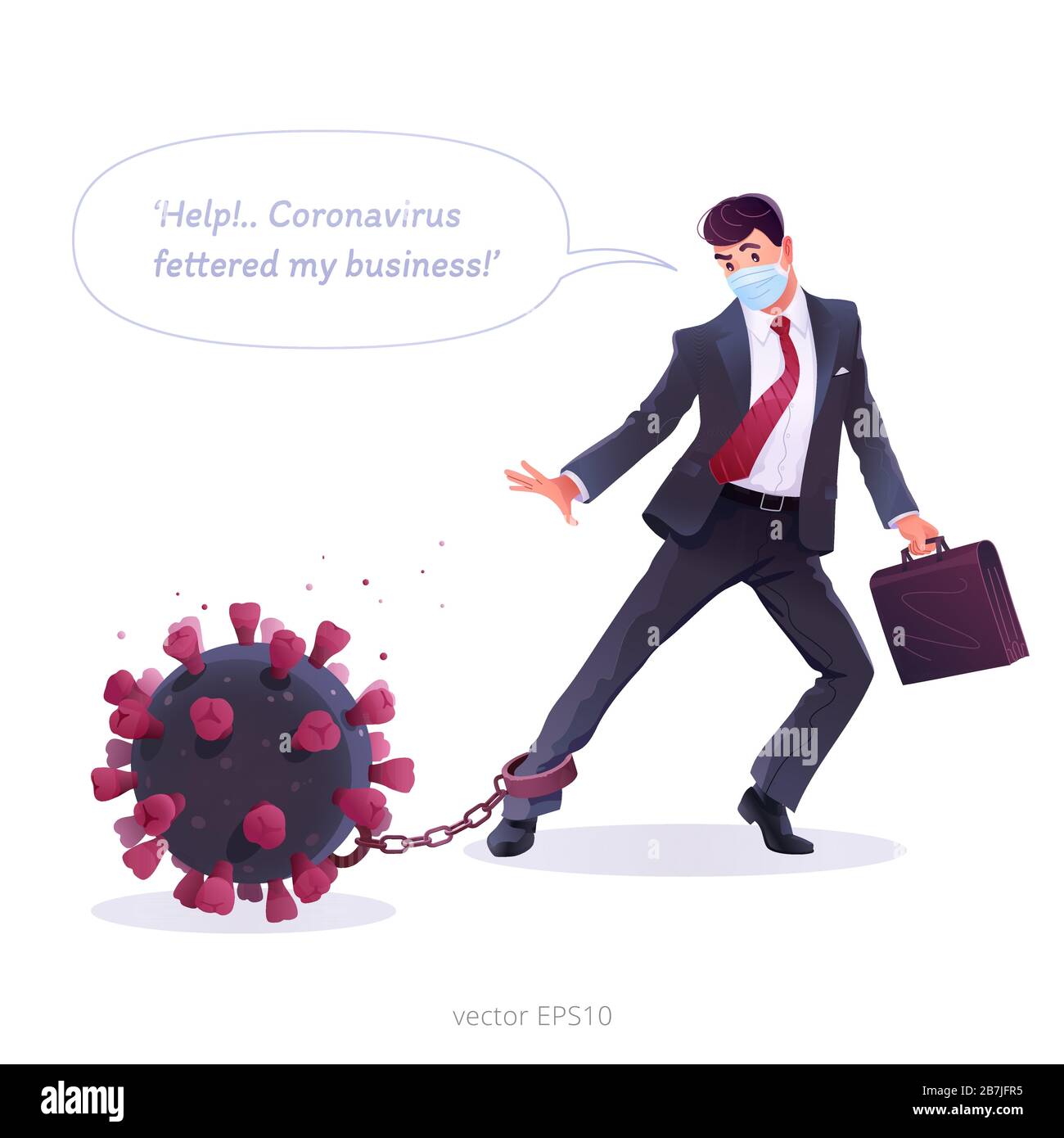 Coronavirus economic impact. Businessman is trying to break free from the shackles of the crisis. Metaphorical ball and chain in the form of a virus. Stock Vector