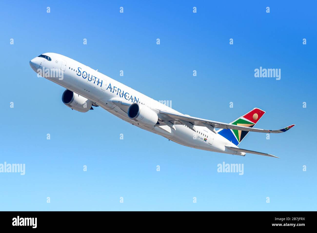 New York, USA - March 1, 2020: South African Airways Airbus A350-900 airplane at New York John F. Kennedy airport (JFK) in the USA. Airbus is an aircr Stock Photo