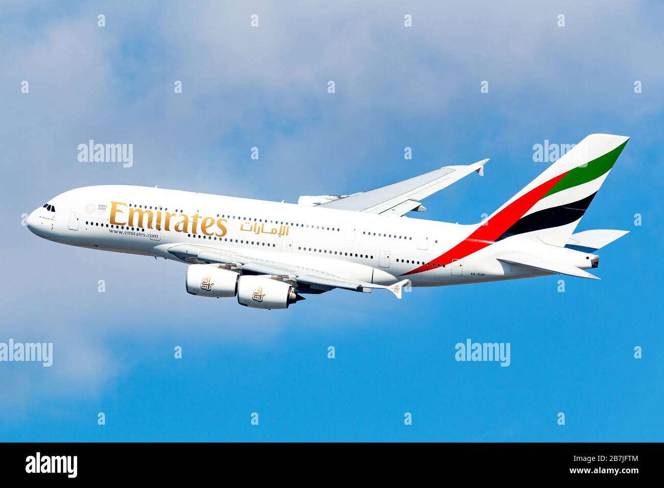 New York, USA March 1, 2020 Emirates Airbus A380800 airplane at New