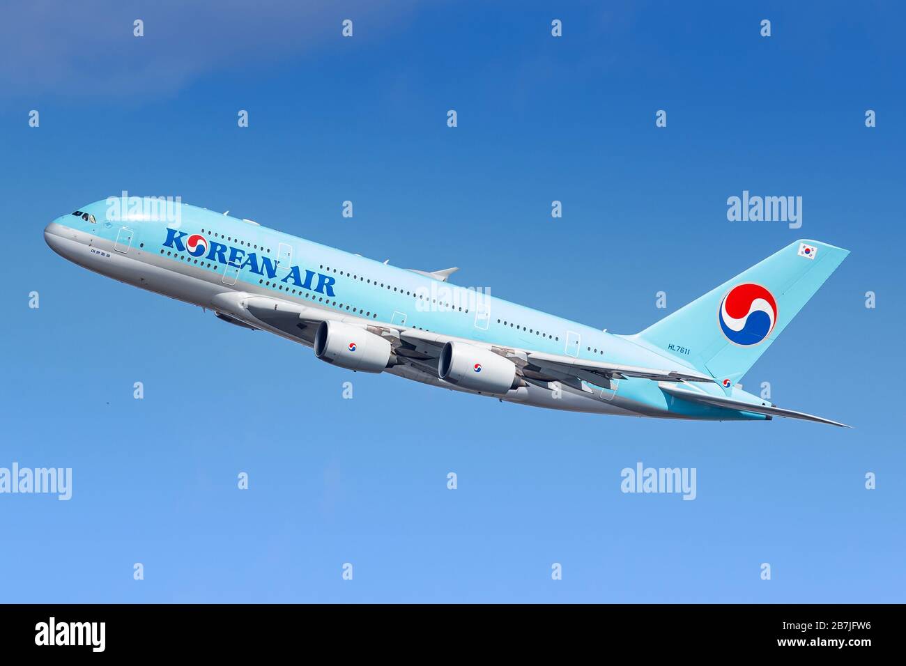 New York, USA - March 1, 2020: Korean Air Airbus A380-800 airplane at New York John F. Kennedy airport (JFK) in the USA. Airbus is an aircraft manufac Stock Photo