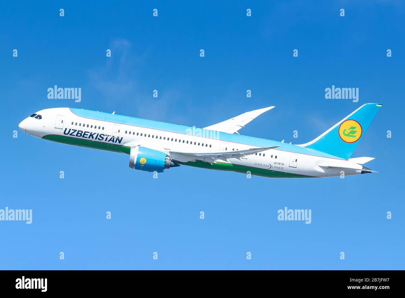 New York, USA - March 1, 2020: Uzbekistan Airways Boeing 787 Dreamliner airplane at New York John F. Kennedy airport (JFK) in the USA. Boeing is an ai Stock Photo