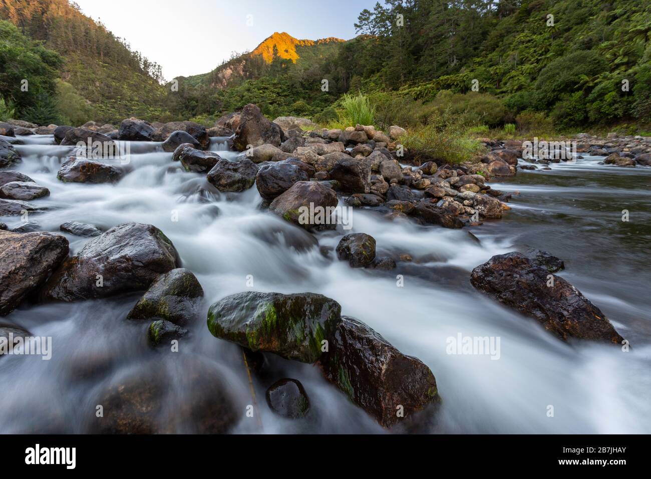 Last light over the Ohinemuri River in the Karangahake Gorge, New Zealand Stock Photo