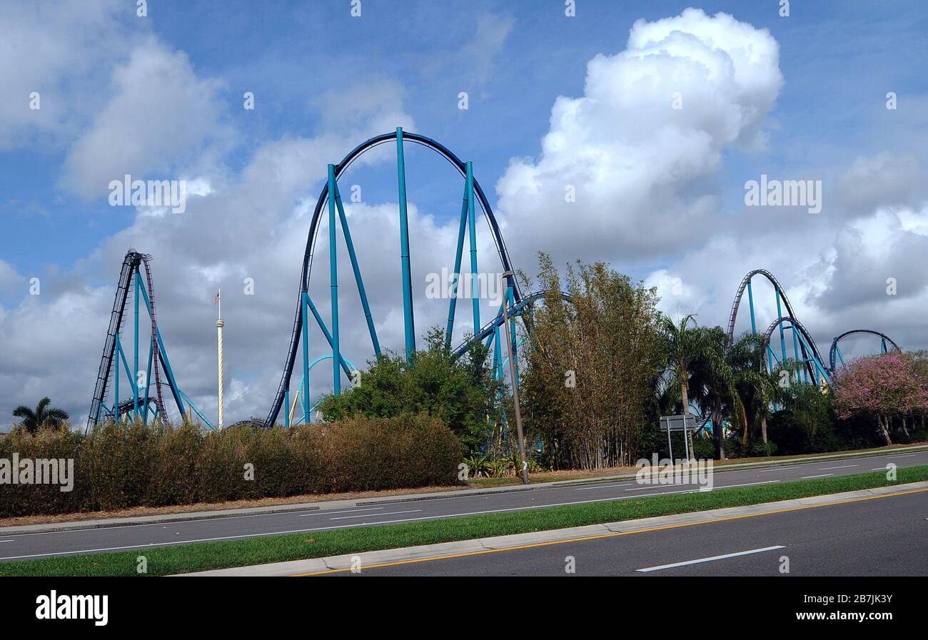 Orlando, Florida, USA. 16th Mar 2020. March 16, 2020 - The roller coasters at SeaWorld Orlando in Orlando, Florida are seen on March 16, 2020, the first day of the attraction's closure as theme parks in the Orlando area suspend operations for two weeks in an effort to curb the spread of the coronavirus (COVID-19). As of March 16, 2020 there were 155 Florida-related coronavirus cases. (Paul Hennessy/Alamy) Credit: Paul Hennessy/Alamy Live News Stock Photo