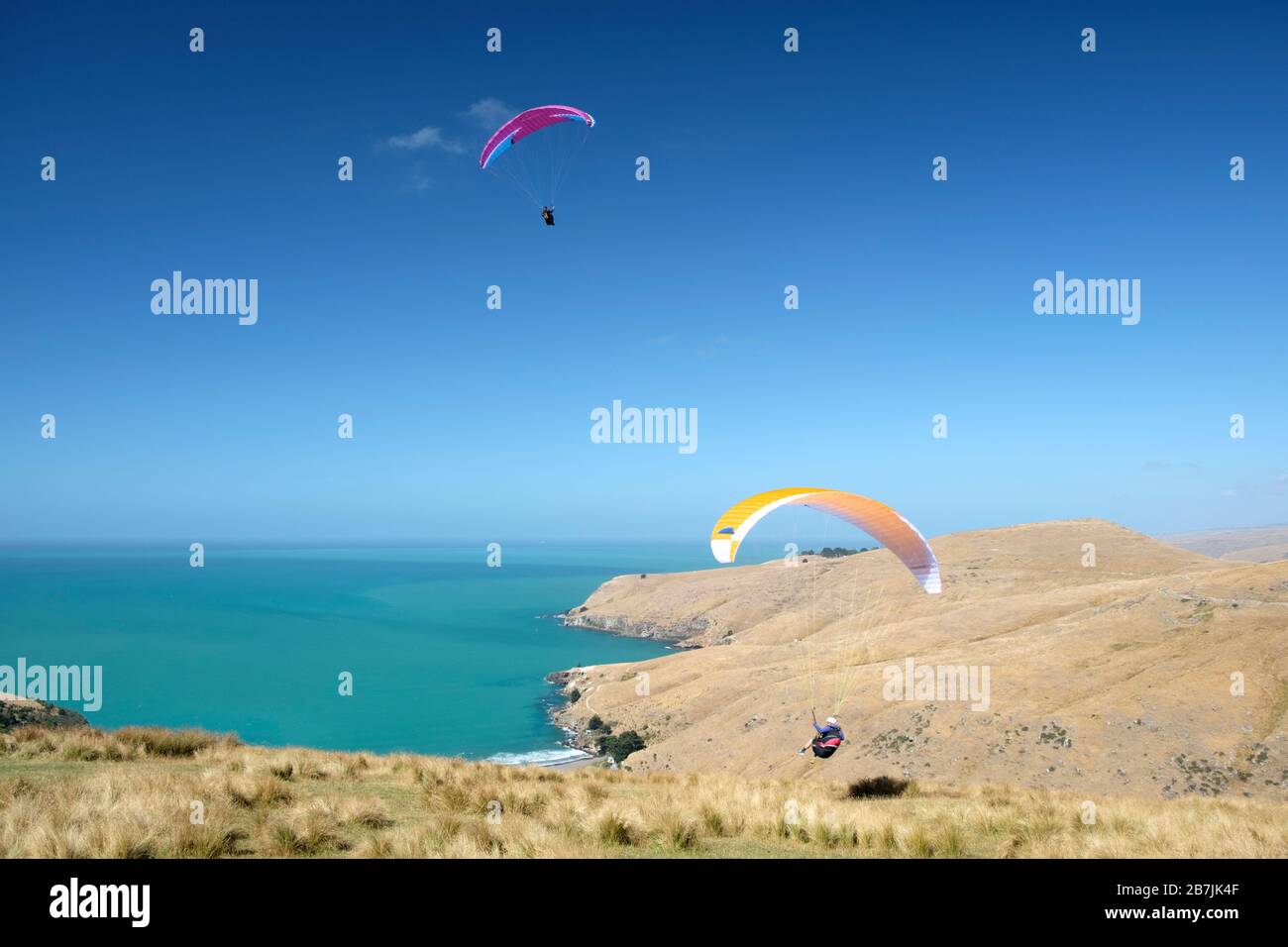 Hang Gliders, Scarborough Hills Preserve, Sumner, Christchurch, South Island, New Zealand Stock Photo
