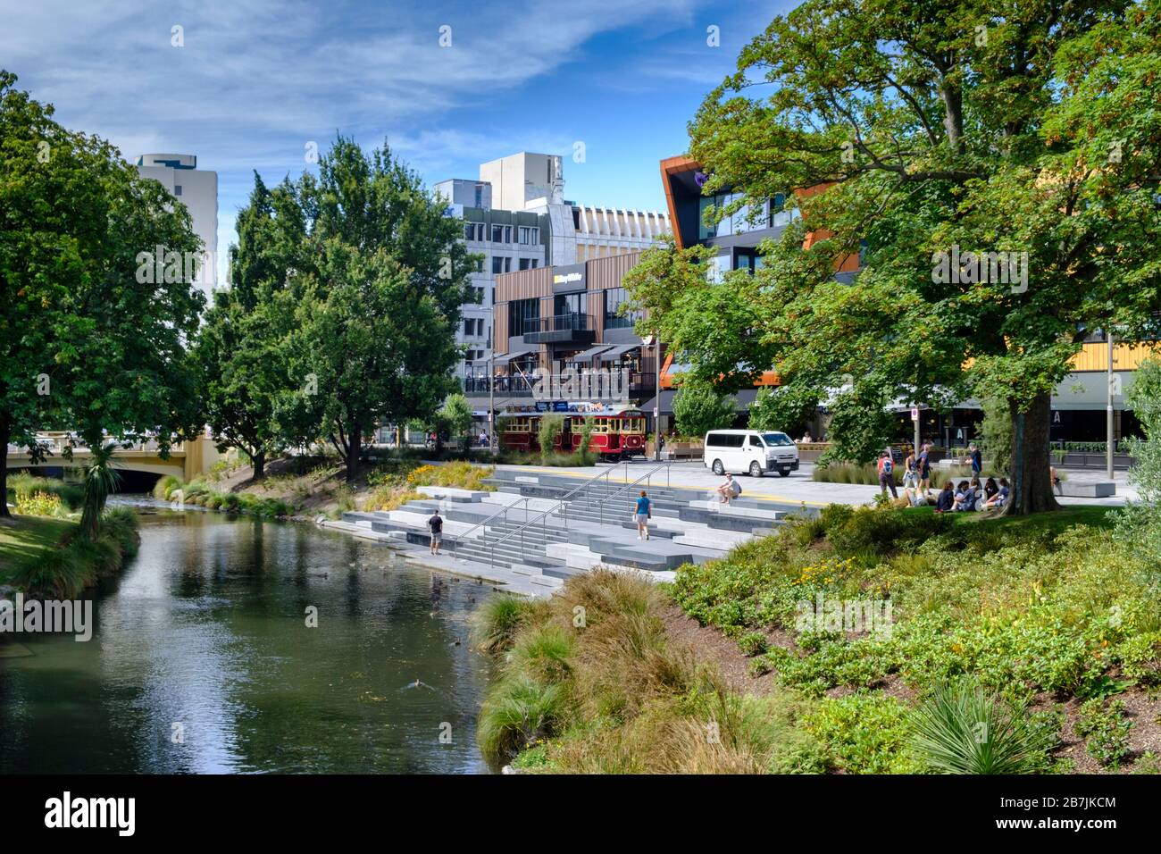 Avon River Terraced Seating newly built after earthquake, Christchurch, Canterbury Region, South Island, New Zealand Stock Photo