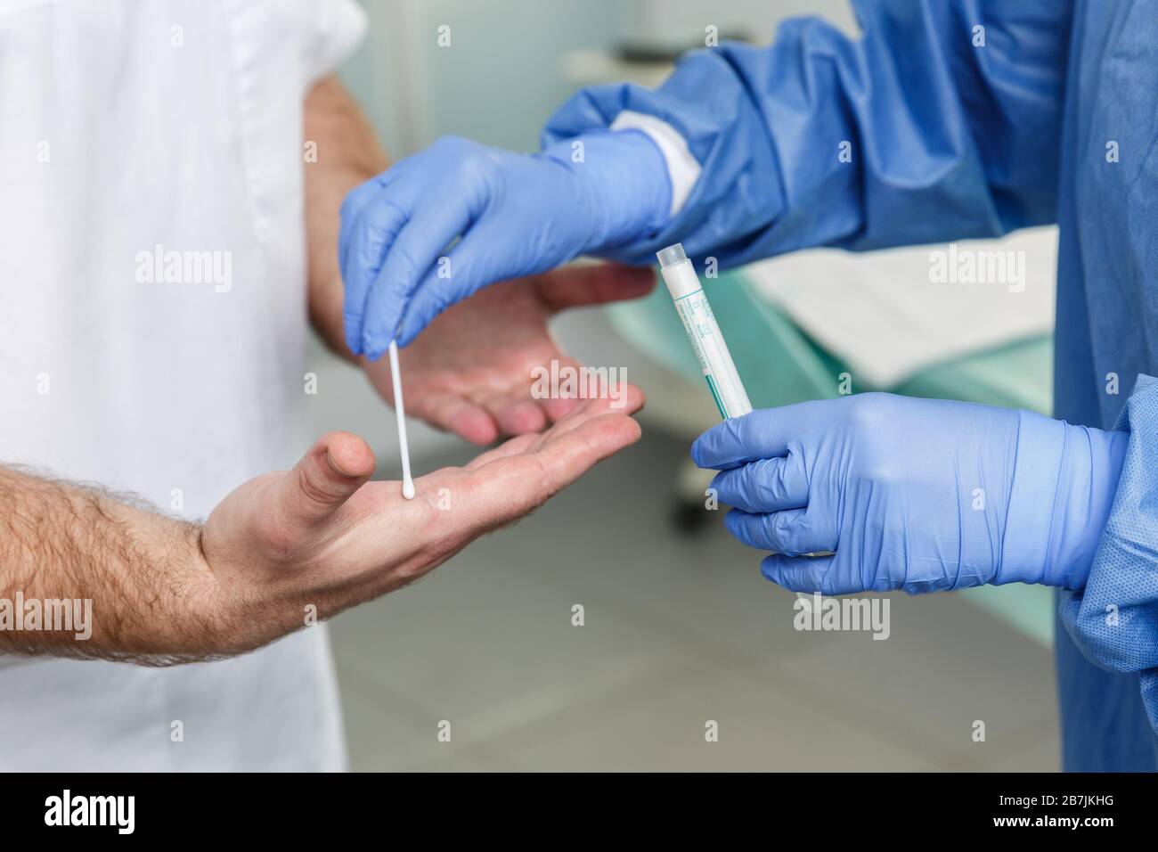 Hand Labatory Laboratory expert in gloves takes hands bacterium analysis ...
