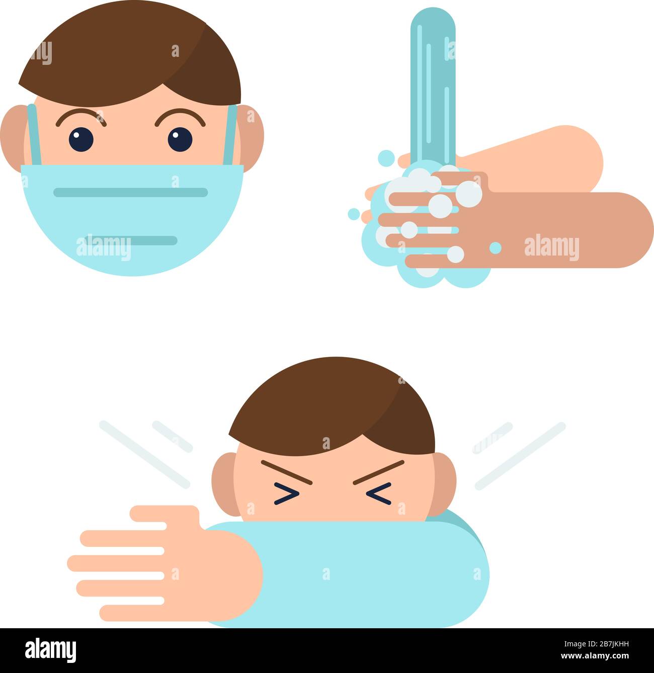 Coronavirus Precaution Tips. 2019-nCoV, Covid-19. Abstract infographic symptoms and prevention tips, health and medical. Flat outline icons of man wit Stock Vector