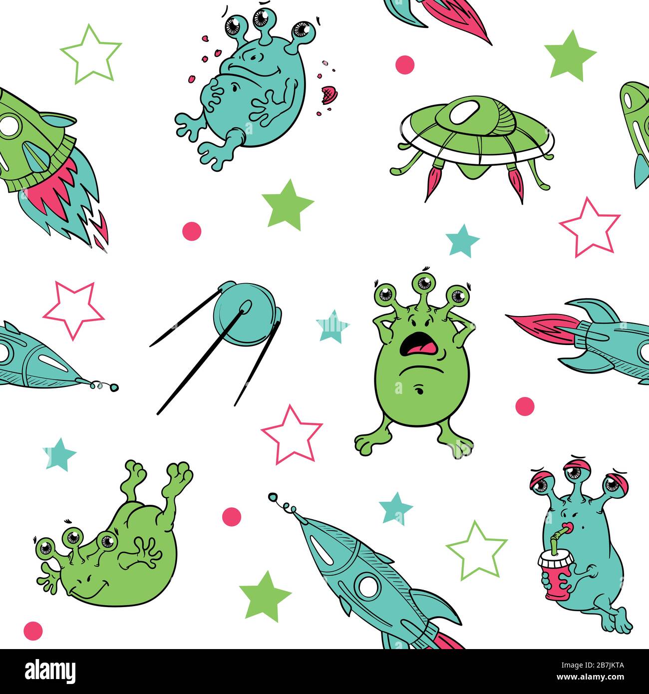 cute funny three-eyed multicolored aliens in a flying saucer , surfing in space with rockets, planets and spaceships, isolated, vector seamless patter Stock Vector