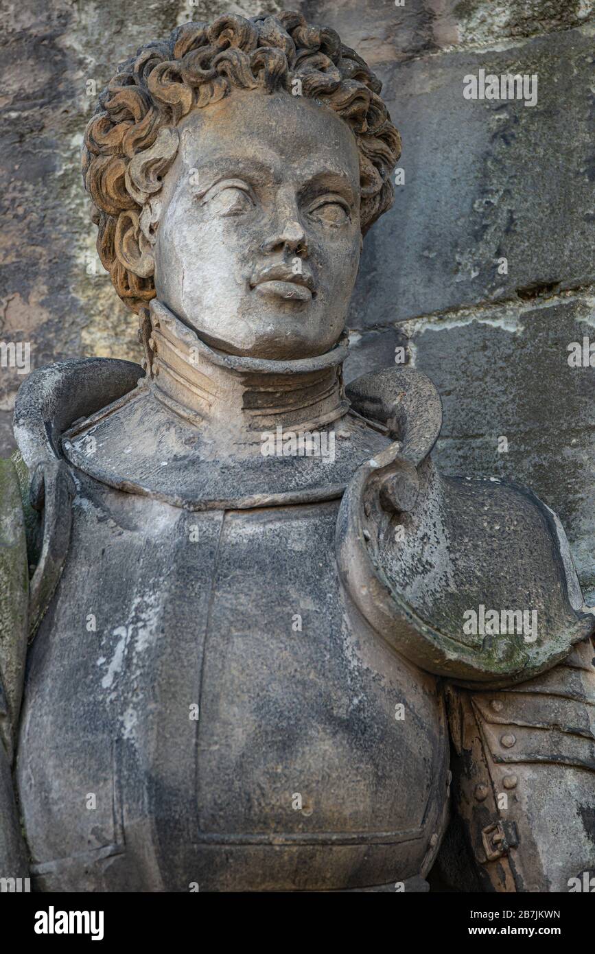 Ancient statue portrait of Saint Maurice (black Knight) as gatekeeper in Magdeburg Cathedral as Roman soldier from Thebes of 13 century, Magdeburg, Ge Stock Photo