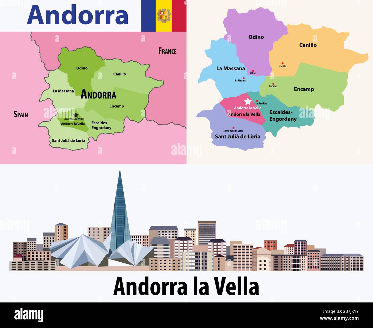 Andorra administrative divisions map. Flag of Andorra. Flat style cityscape of Andorra la Vella. Vector illustration Stock Vector