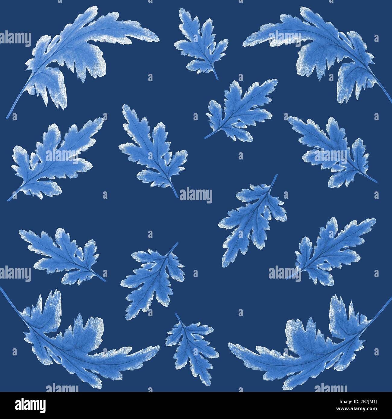 Floral botanical pattern with blue chrysanthemum leaves on dark blue background. Botanical design for textile, napkins, kerchief, shawl in oriental st Stock Photo