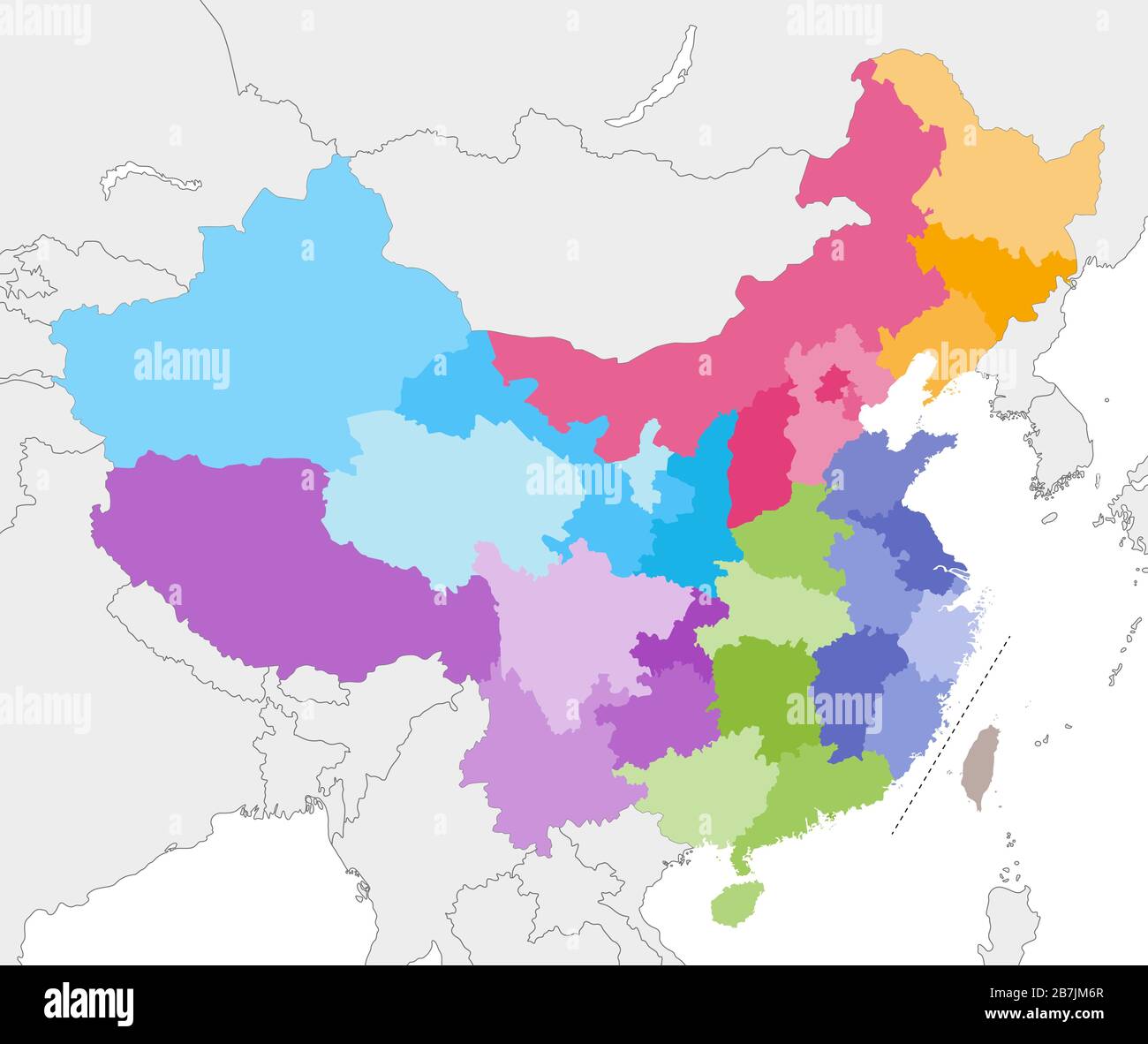 vector map of China provinces colored by regions with neighbouring countries and territories Stock Vector