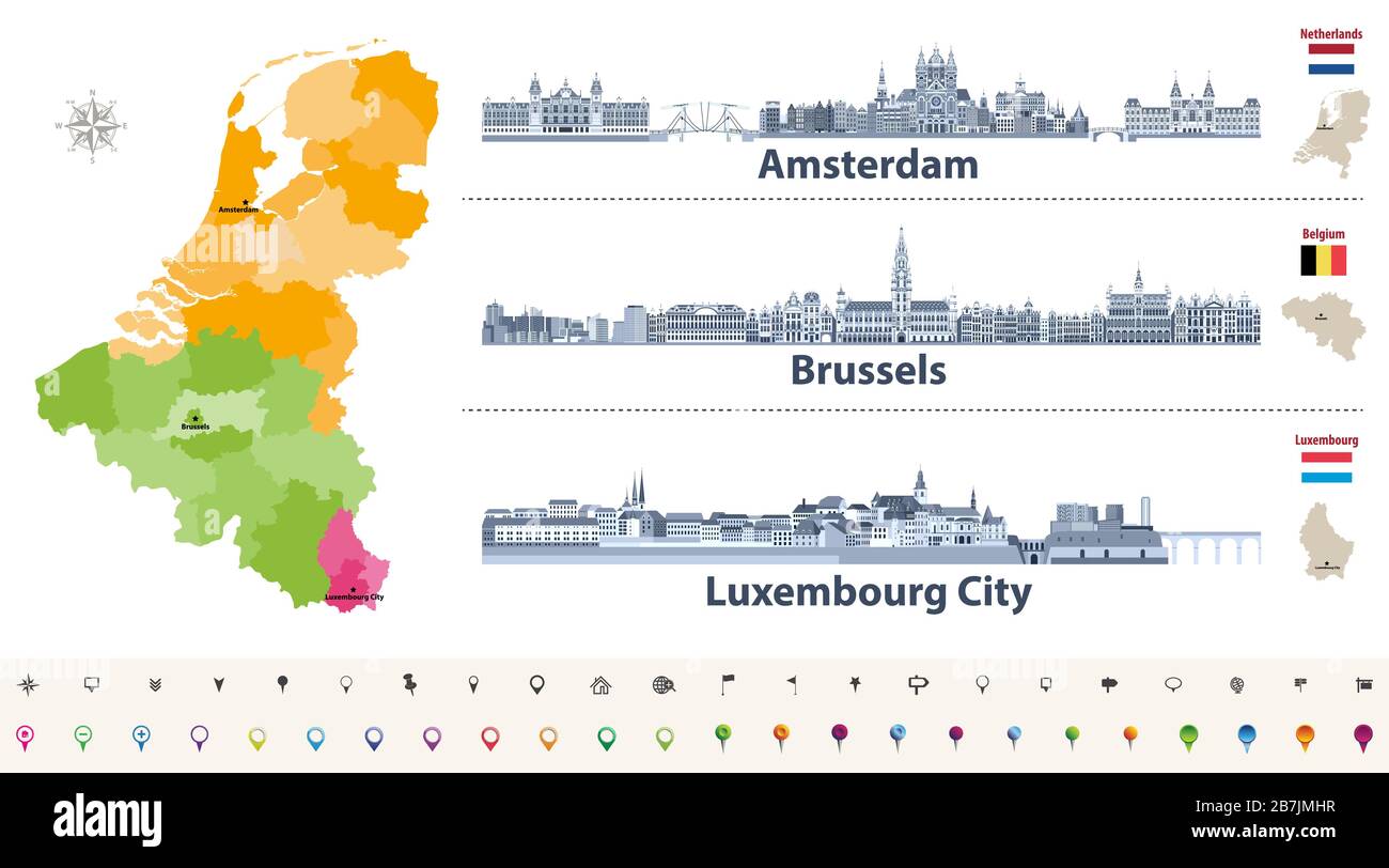 Vector regions map of Belgium, Netherlands and Luxembourg. Amsterdam, Brussels and Luxembourg City flat style skylines in dark blue color palette Stock Vector