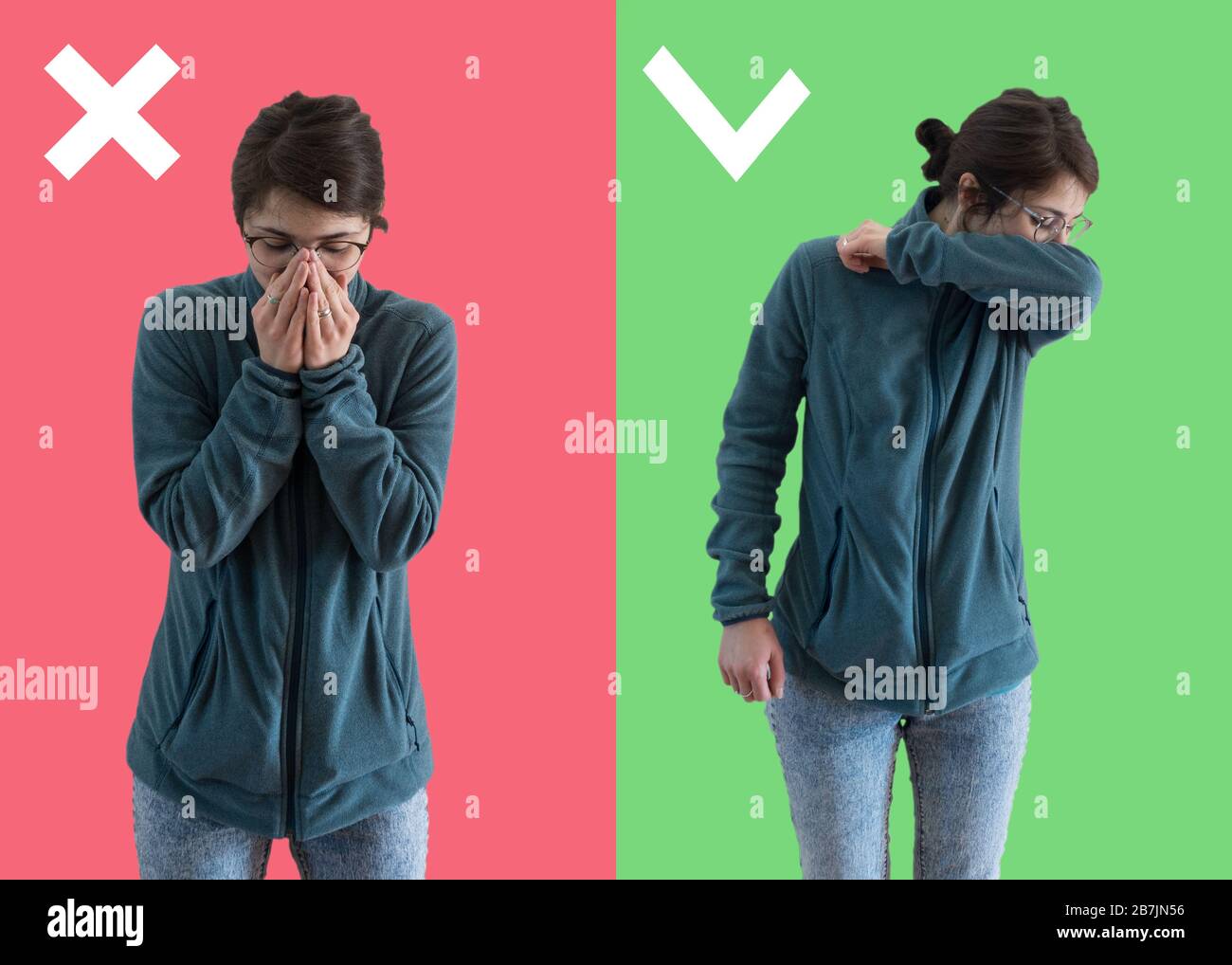 Comparison between wrong and right way to sneeze to prevent virus infection. Caucasian woman isolated on colored background sneezing,coughing into her Stock Photo