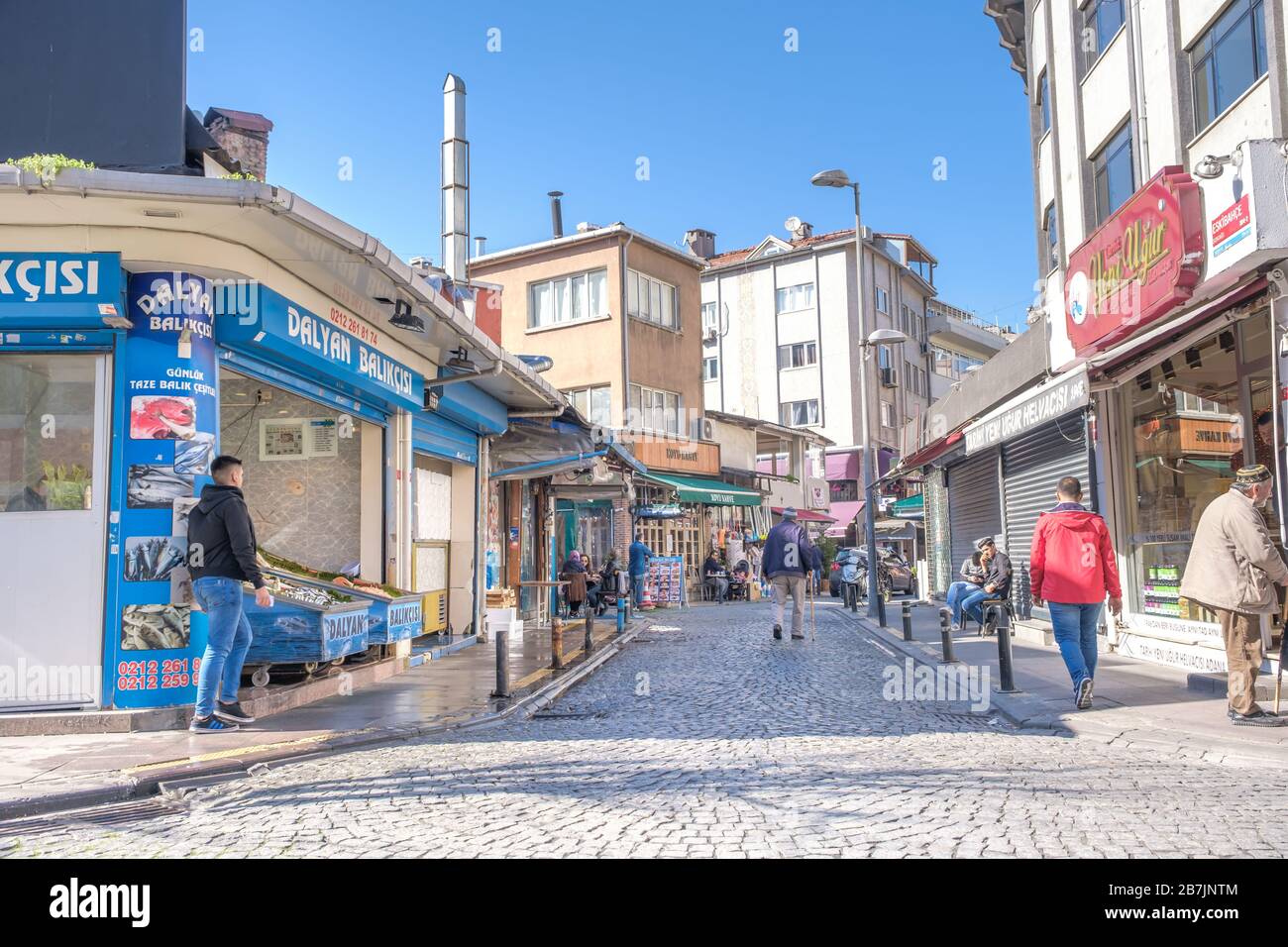 Istanbul, Turkey - 07 March, 2020: A street view from Ortakoy. Ortakoy (Ortaköy) is one of the famous tourist attraction spots in istanbul. Stock Photo