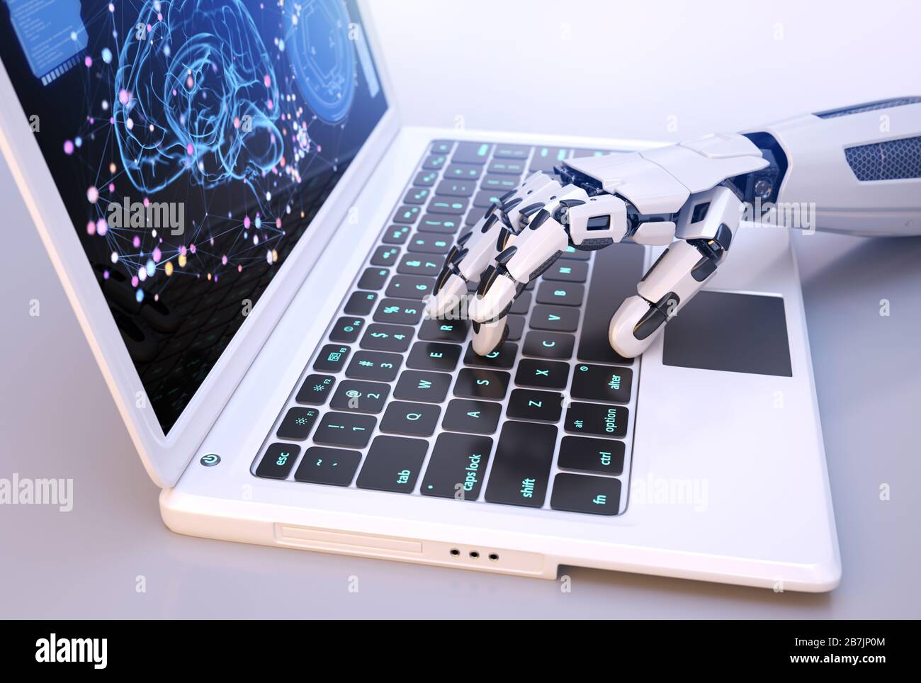 Robot's hand typing on keyboard. 3D illustration Stock Photo