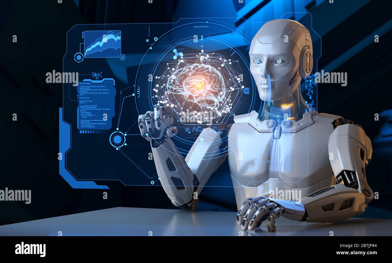 Robot working with futuristic touchscreen. 3D illustration Stock Photo