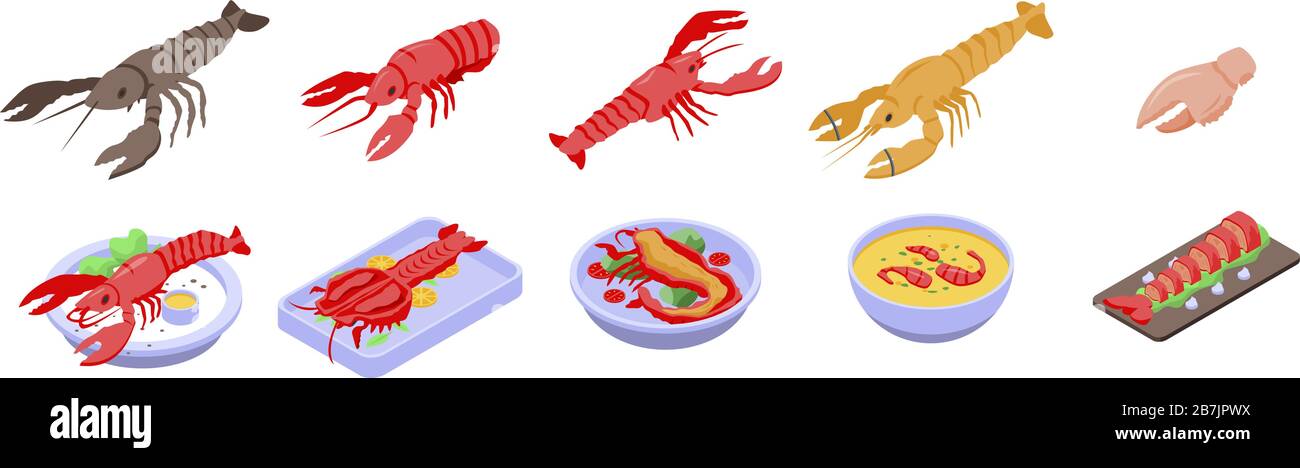 Lobster icons set, isometric style Stock Vector