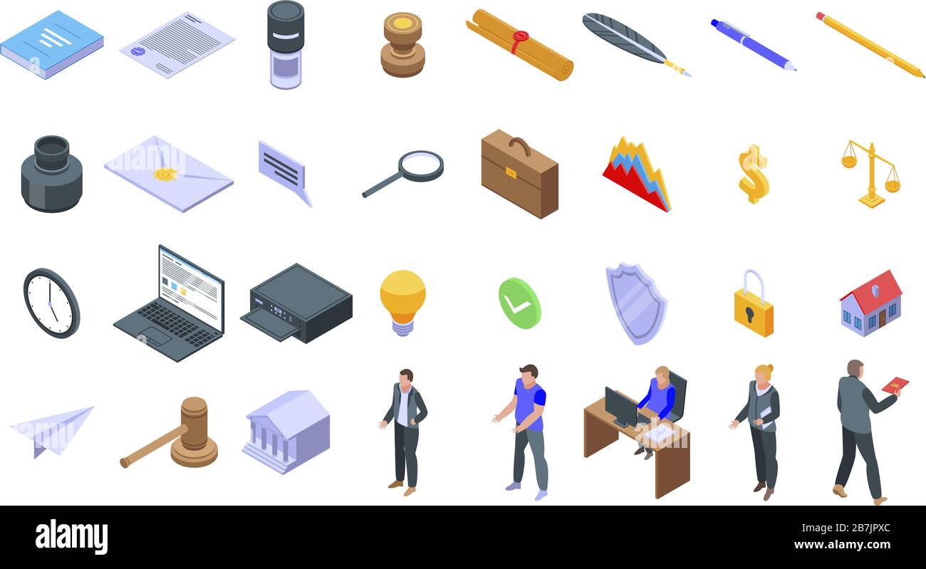 Notary icons set, isometric style Stock Vector