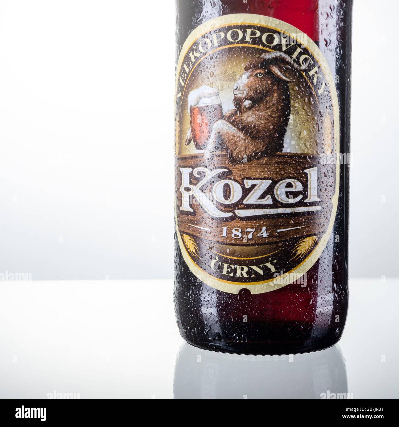 Velkopopovicky Kozel beer isolated on white background. Kozel beer has