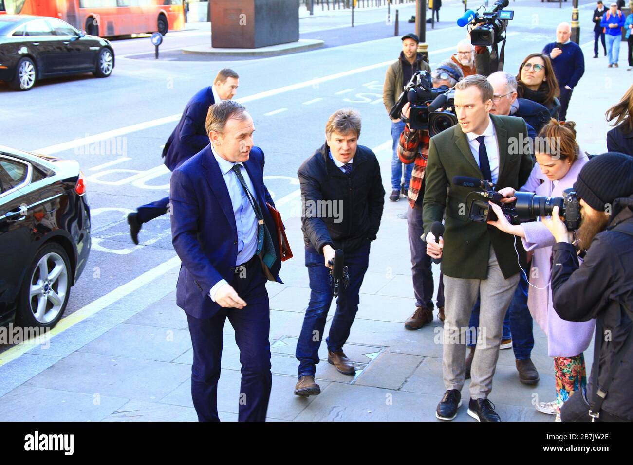 GEORGE EUSTACE MP AND SECRETARY OF STATE FOR THE ENVIRONMENT AND RURAL AFFAIRS IS ASKED QUESTIONS ABOUT THE CORONAVIRUS COVID-19 BY BBC JOURNALIST NICHOLAS WATT AND ITV JOURNALIST PAUL BRAND IN WHITEHALL AS HE ARRIVES FOR AN URGENT COBR [ COBRA ] MEETING ON 16TH MARCH 2020. RUSSELL MOORE PORTFOLIO PAGE. Stock Photo