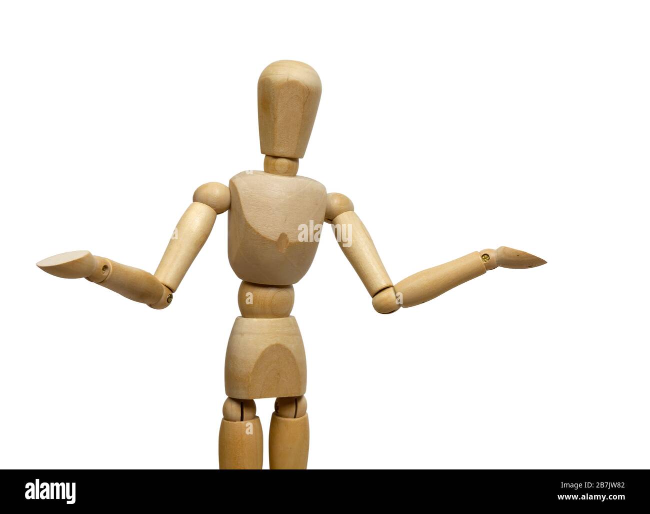 Isolated wooden human mannequin over a white background with arms spread Stock Photo